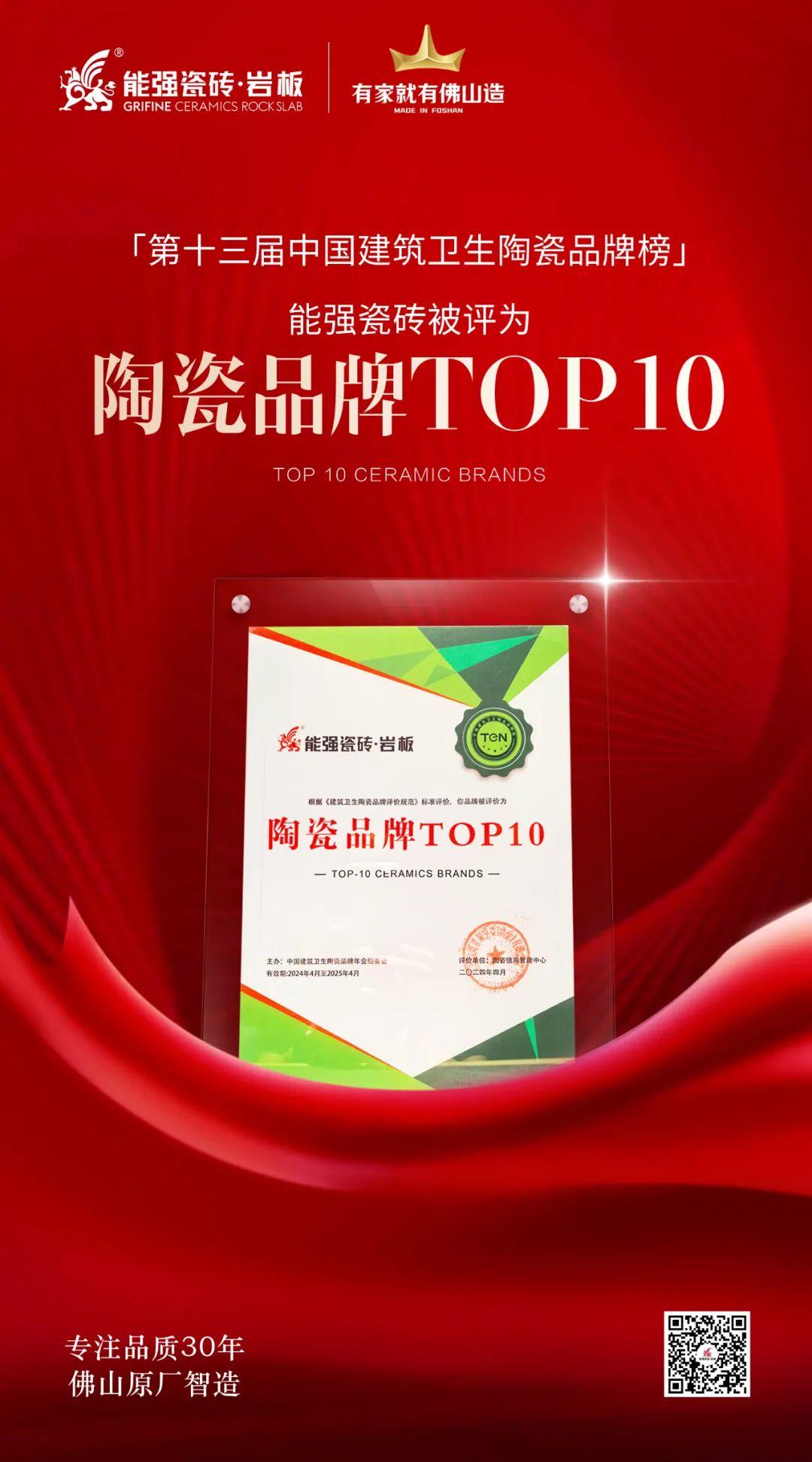 匠心榮耀丨能強(qiáng)瓷磚斬獲“陶瓷品牌TOP10”殊榮！